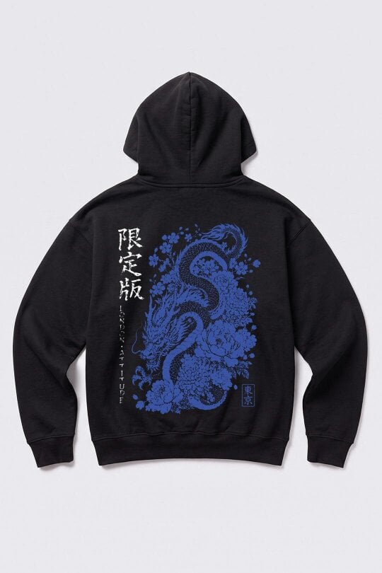 London Attitude Oversized Heavyweight Japanese Dragon Graphic Hoodie