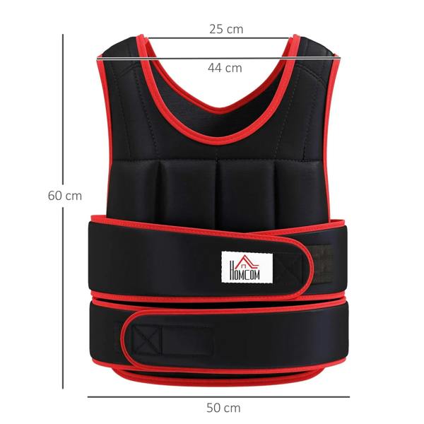 Black weighted vest with red trim, padded body and two front adjustment belts