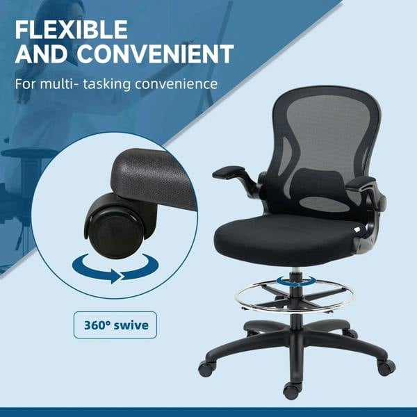 Black mesh standing desk chair with swivel base, padded seat, and flip-up armrests