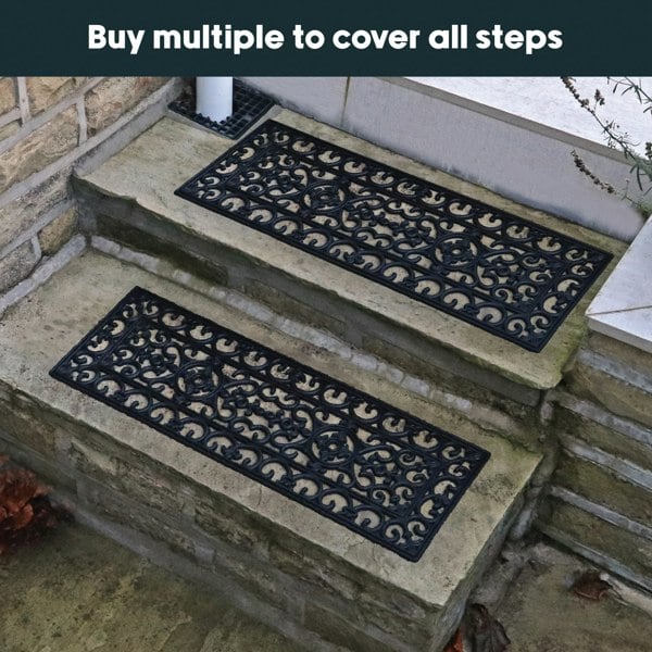 JVL Lexi Wrought Iron Effect Rubber Step Mat, Black, 25x75cm - Set of 2