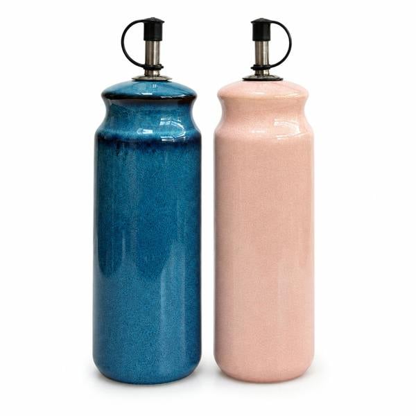 Scandi Home Ceramic Oil & Vinegar Bottles, Set of 2, Pink & Blue Reactive Glaze
