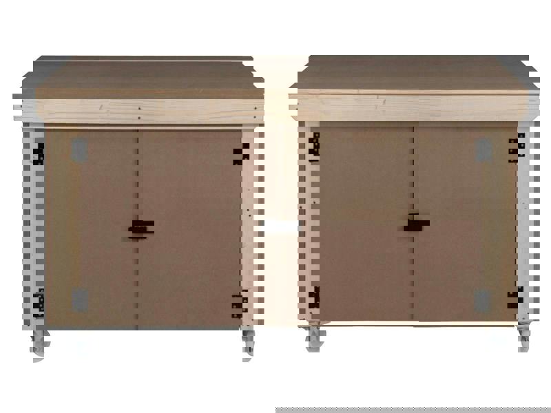 Arbor Garden Solutions Wooden MDF Top Workbench With Lockable Cupboard (V.9) double shelf and wheels