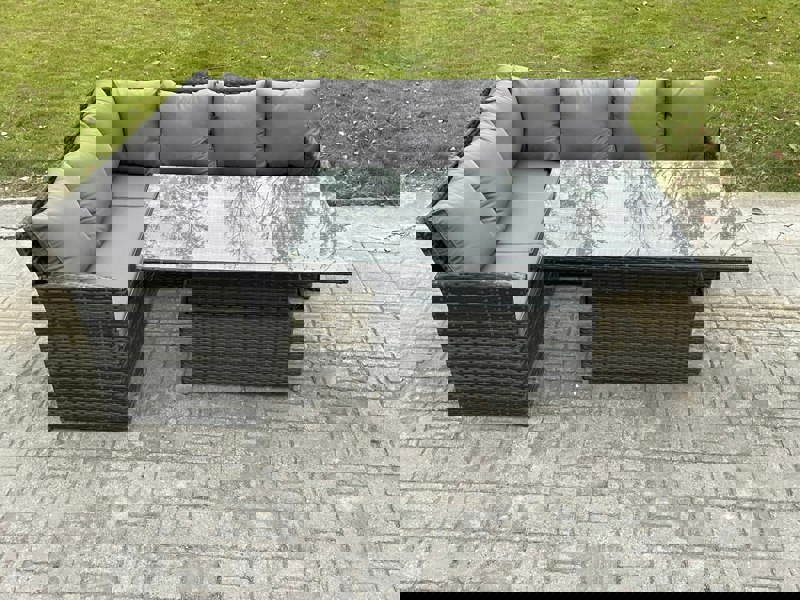 Fimous Wicker PE Outdoor Rattan Garden Furniture Set Height Adjustable Rising Lifting Table Sofa Dining Set with Dark Grey Mixed