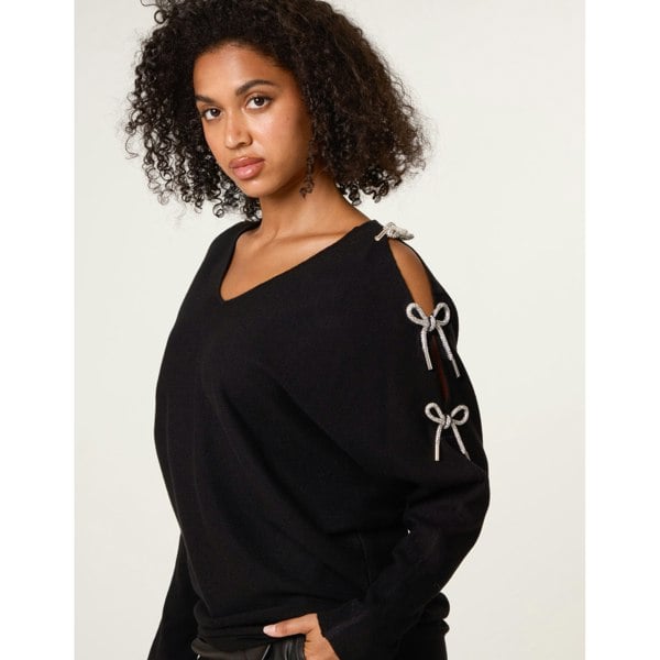 Blue Vanilla Diamante Bow Cut Out Sleeve Jumper