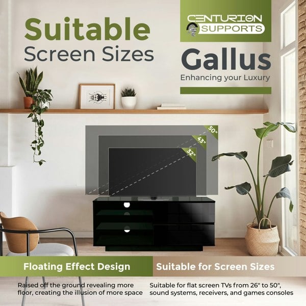 Centurion Supports Gallus Gloss Black with 2-Black Drawers and 3-Shelf 32"-55" LED/LCD/Plasma Cabinet TV Stand