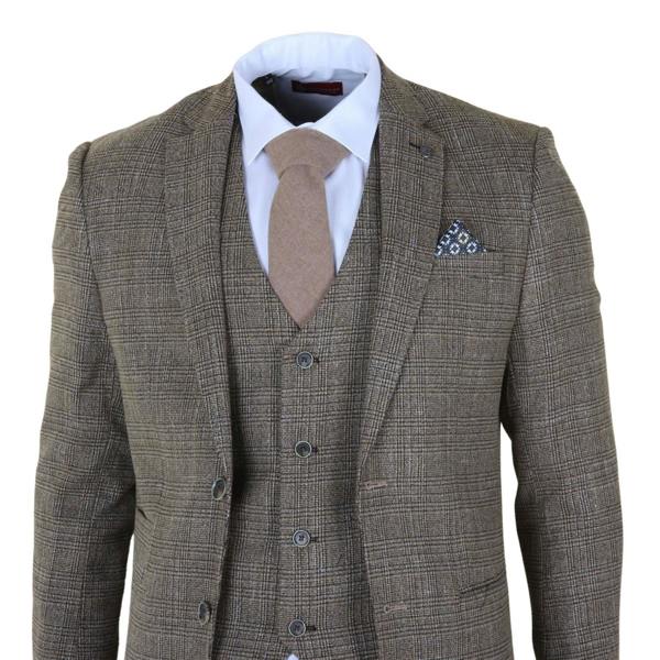Infinity Leather Men's 3-Piece Brown Classic Check Suit Slim Fit Plaid Formal Party Suit