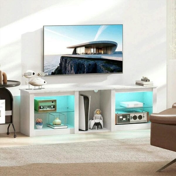 70in TV Stand, with LED Lights and Storage - White - White