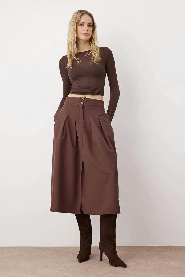 WOVCOR Midi Woven Skirt with Pleat and Buttons Detail