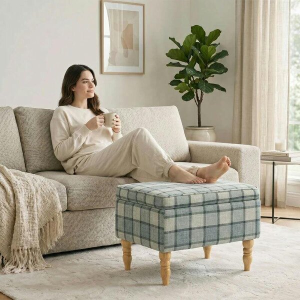 Linen Fabric Upholstered Footstool, Rectangular Storage Stool with Removable Top, Padded Seat and Hidden Space, Grey - Grey