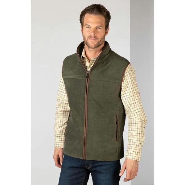 Model wearing the Rydale Men's Huggate Fleece Waistcoat in Khaki from the front