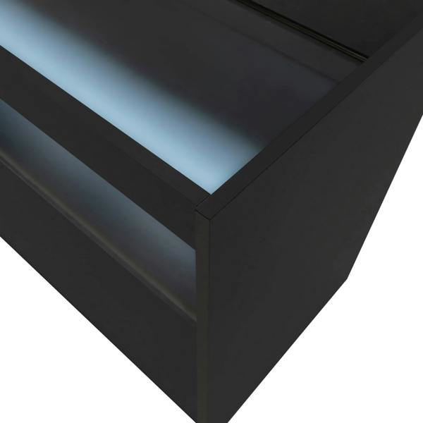 Sleek black LED retail shop counter B1500 with illuminated edges, featuring a smooth surface and modern design for displays