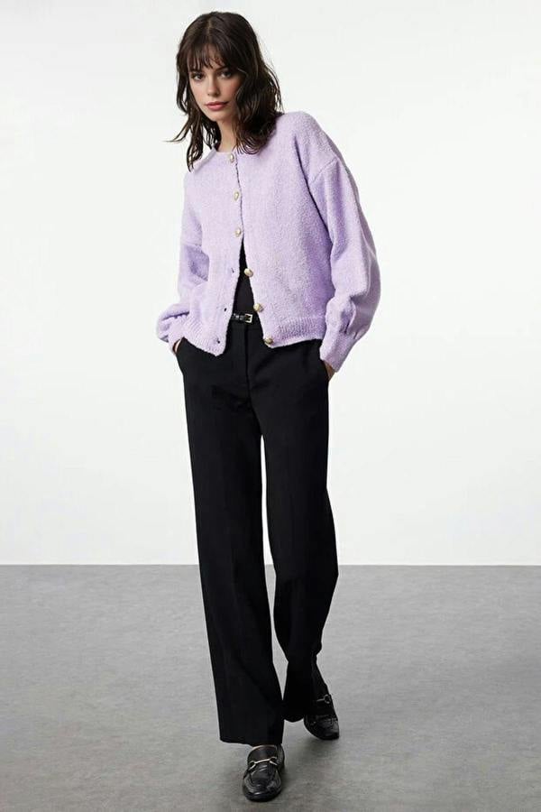 WOVCOR Soft-Textured Knit Cardigan with Button Detail and Balloon Sleeves