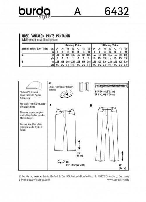 Burda Sewing Pattern 6432 Trousers For Women, 8 to 20 - Intermediate