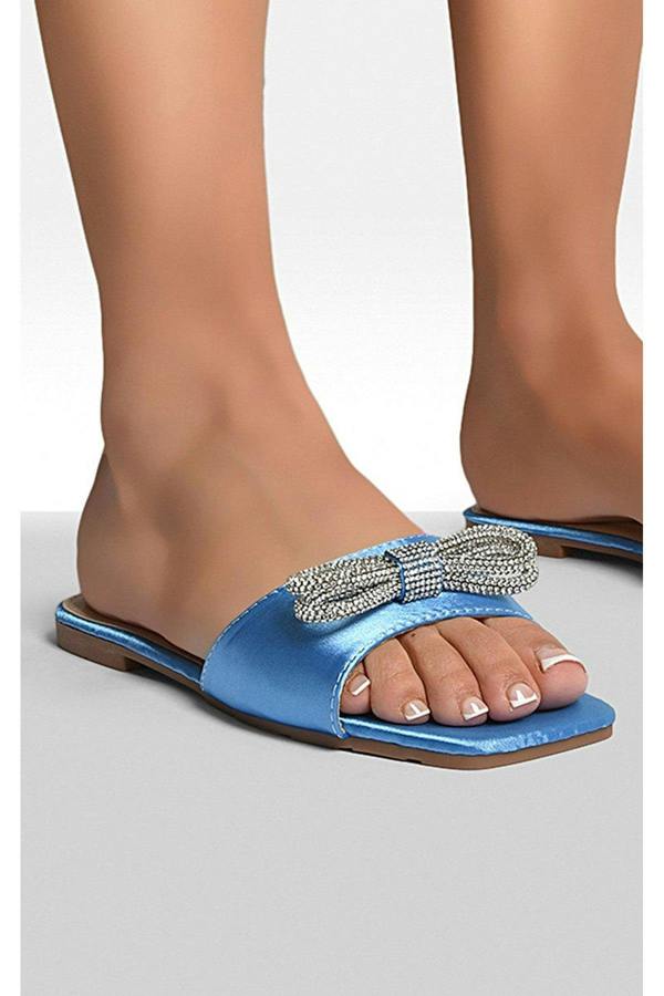 Lexie Embellished Bow Trim Open Toe Sandals - Blue