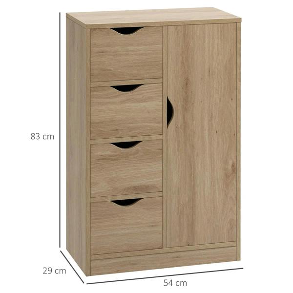 Light wood freestanding cabinet with three drawers and a side cupboard door