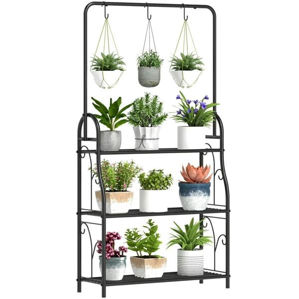 Black 3-tier metal plant stand with shelf and hanging hooks for flower pots