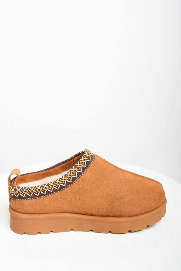 Ravina Chunky Slip On Suede Slippers With Stitch Detail - Chestnut