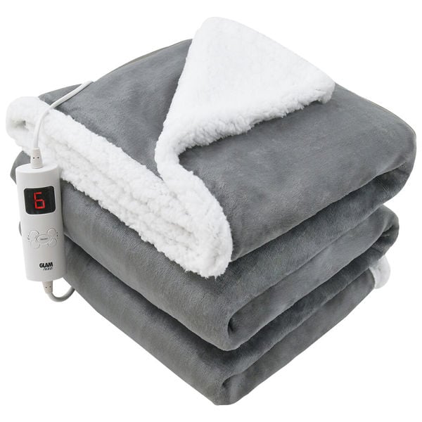 GlamHaus Heated Throw Electric Blanket 6 Heat and 3 Timer Auto Shut Off - Digital Control - Machine Washable - Dark Grey