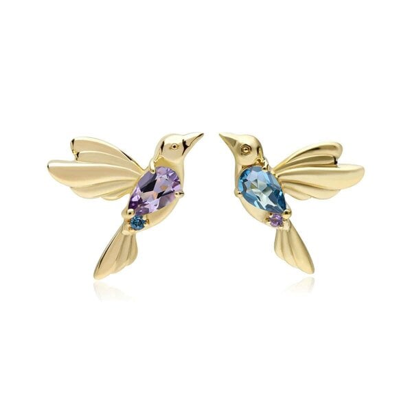 Gemondo ECFEW Pink Amethyst and Blue Topaz Hummingbird Stud Earrings in 925 Sterling Silver