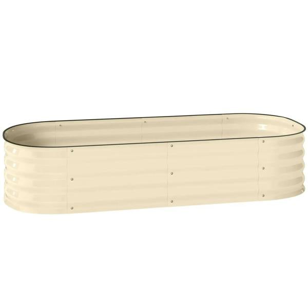 Cream white raised metal garden bed with ribbed sides and smooth black rim