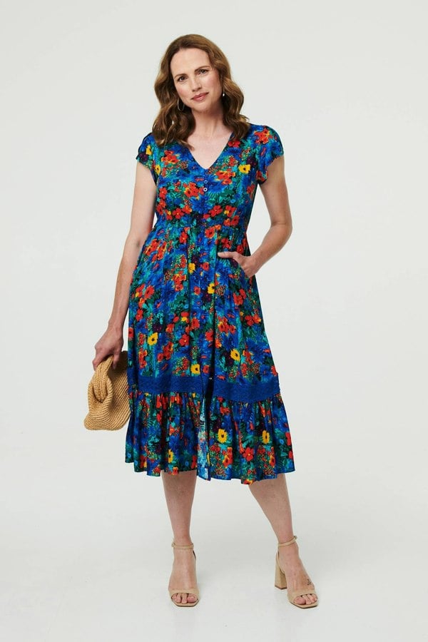 Blue | Floral Lace Trim Cap Sleeve Midi Dress
