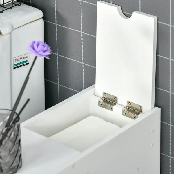 White bathroom cabinet with open top compartment and metal hinge hardware