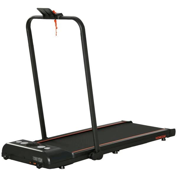 Black folding walking treadmill with curved handle and red-edged running deck
