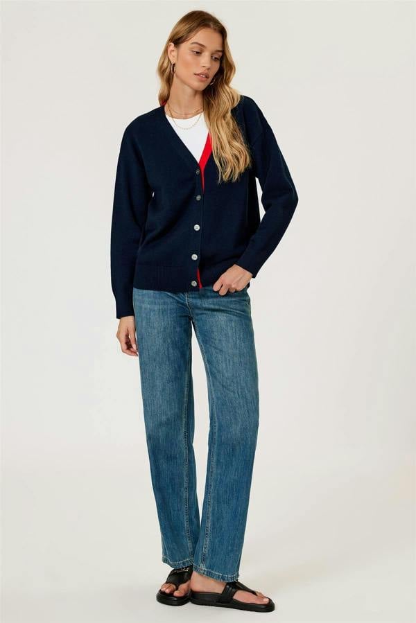 FS Collection Little Heart Embroidery Stripe Trim Cardigan Top In Navy & Red
