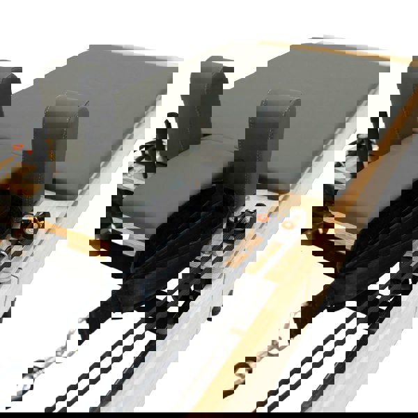 Oak Pilates reformer machine featuring a padded gray platform, adjustable straps, and sturdy construction for versatile workouts