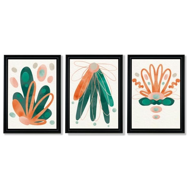 Abstract Green Orange Floral Set of 3 Framed Art Prints with Vermeer Black Frames