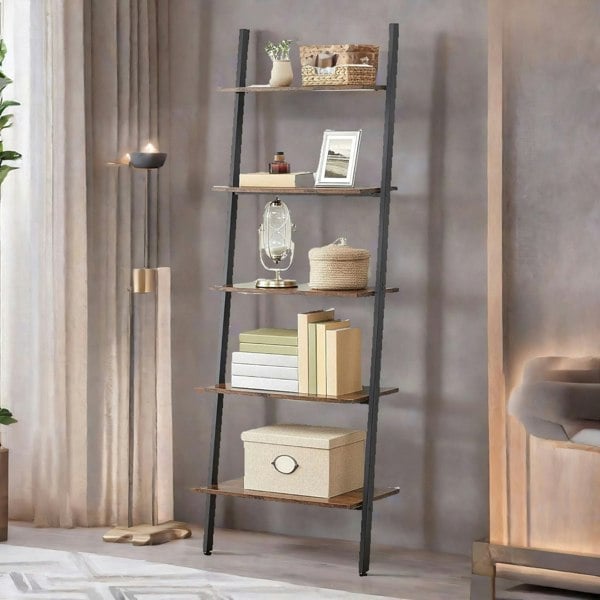 Rafaelo Mobilia Industrial 5 Tier Wall Ladder Shelf Rustic Brown