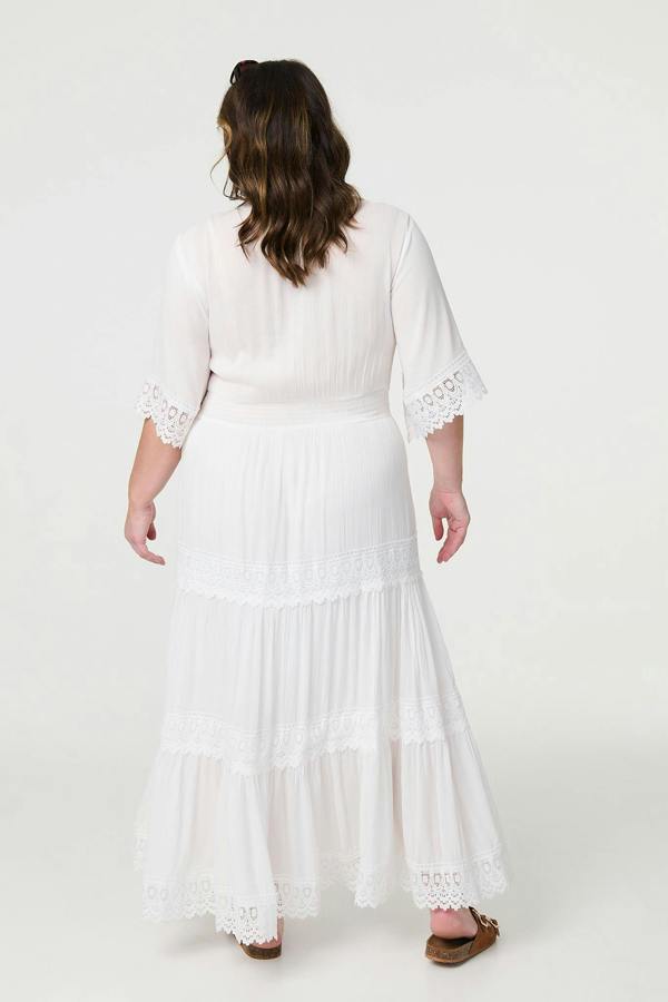 White | Curve Tiered Lace Trim Maxi Dress
