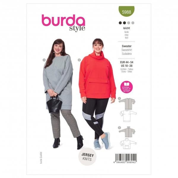 Burda Sewing Pattern 5988 Sweaters, Tops and Dresses For Women, 18-28 (44-54) - Easy
