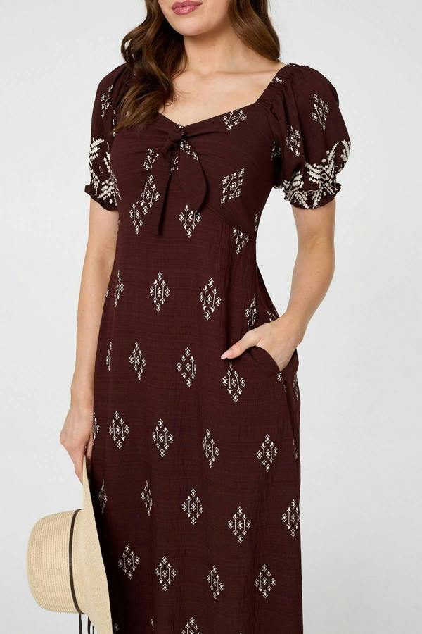 Brown | Border Print Puff Sleeve Midi Dress