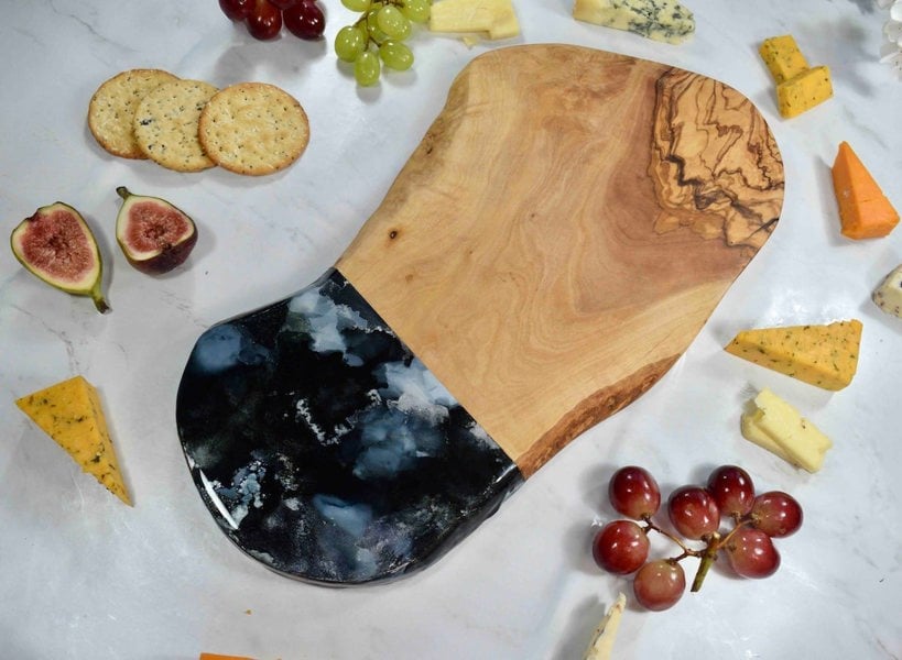 Olive Wood Board with Black Silver Resin Art - Unusual Birthday Gift Ideas - Foodie Present