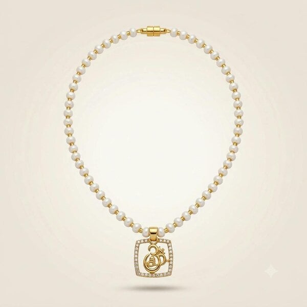 The Colourful Aura Square Pavé Om Pendant Necklace, Pearl Beaded, 18ct Gold Plated