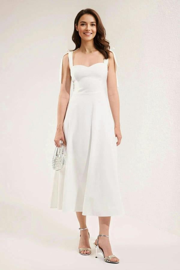Hoxton Gal Elegant Woven Midi A-Line Dress with Tie-Strap Detail