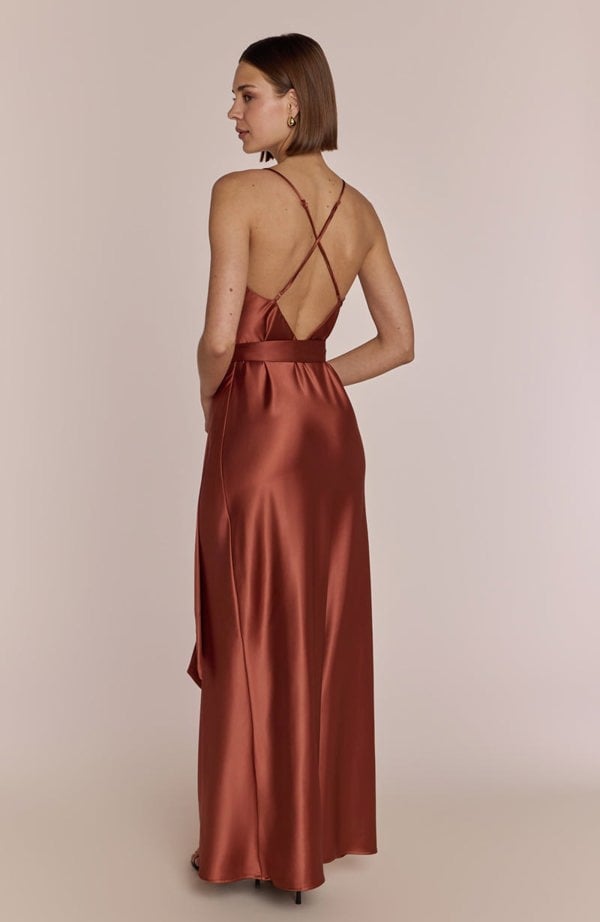Rewritten London Brooklyn Dress in Terracotta Satin