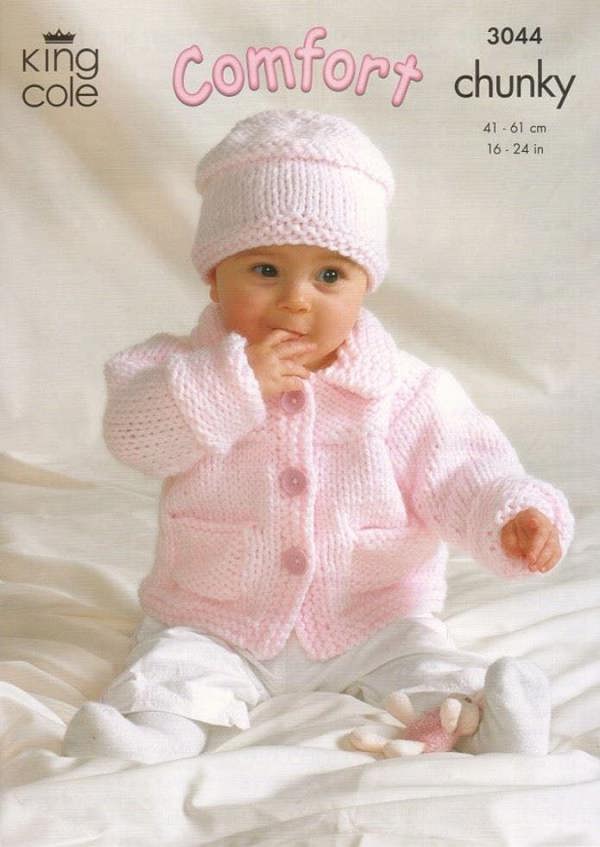 King Cole Comfort Knitting Pattern 3044, Headwear, Jackets, Cardigans, Sweaters for Baby, 16 - 24 Inches - Easy
