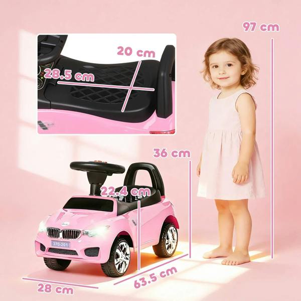 Pink ride-on toddler car with black seat and handle; size diagram
