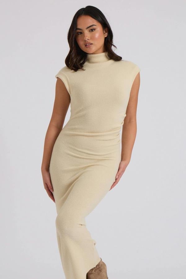 Urban Bliss Brushed Cream Jersey Maxi Ruched Dress