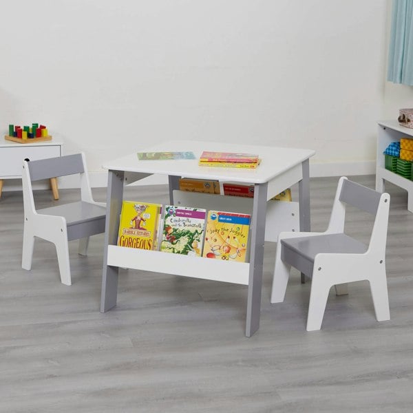 Liberty House Toys White and Grey Bookshelf Table and Two Chairs Set