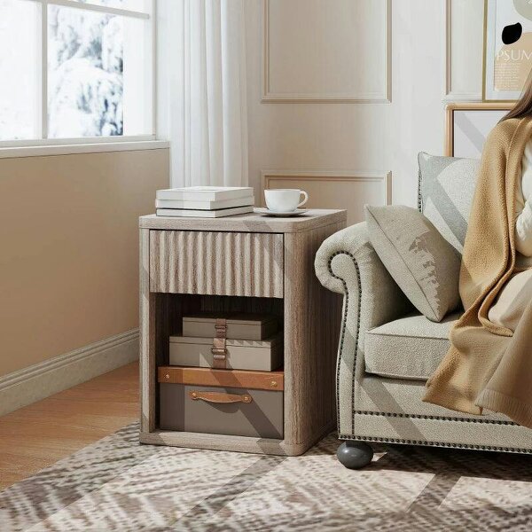 Modern Bedside Table Set of 2, Bedside Cabinet with Drawer and Open Shelf, Side End Table, Nightstand for Bedroom, Oak