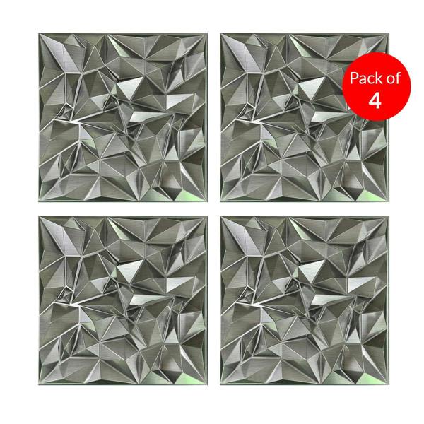 ENER-J 3D PVC Wall Panel, Faceted Diamond Design, Silver, Size: 500x500x1mm | Pack of 4