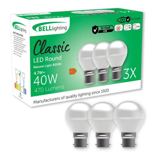 BELL Lighting B22 Non-Dimmable LED Golf Ball Bulb, Natural White 4000K 470lm 4.7W Round Bayonet 40W Equivalent