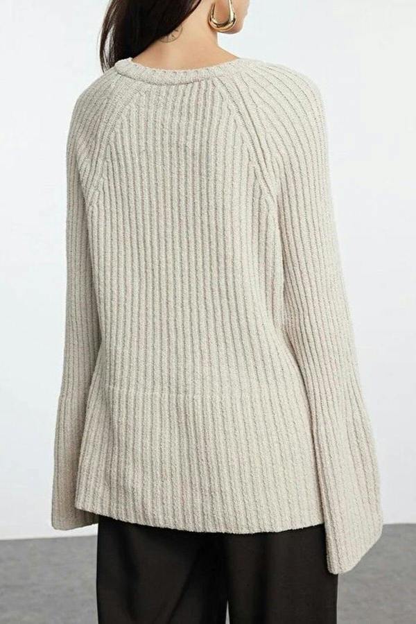 WOVCOR Loose Fit Cotton Knit Sweater with Peplum Detail