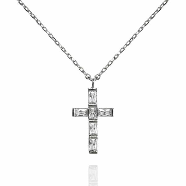 Cross Pendant Necklace with Baguette Cubic Zirconia - namana.london