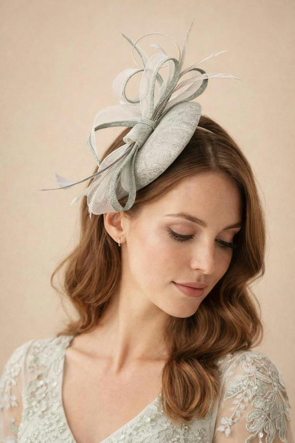 Round Pill Box Fascinator with Bow & Feathers in Grey - svnx