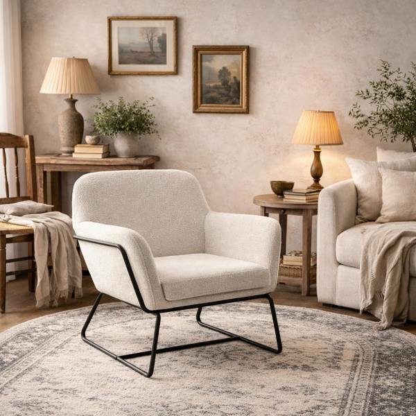 Wyld Haus Marseille Ivory Boucle Upholstered Armchair Gold Metal Legs