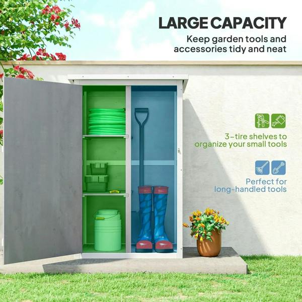 Grey wooden small shed with door open, three-tier shelves for garden tools and accessories